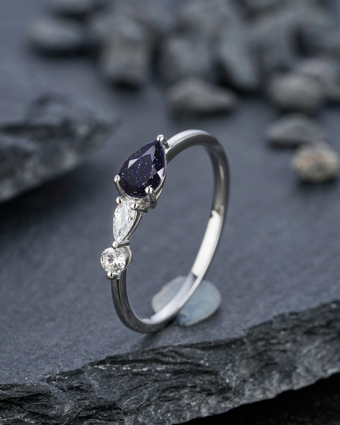 Vintage Blue Sandstone Engagement Ring, Pear White Gold Star Sandstone Moissanite Wedding Band,Three Stone Women Bridal Promise Ring for her - ShainJewelry