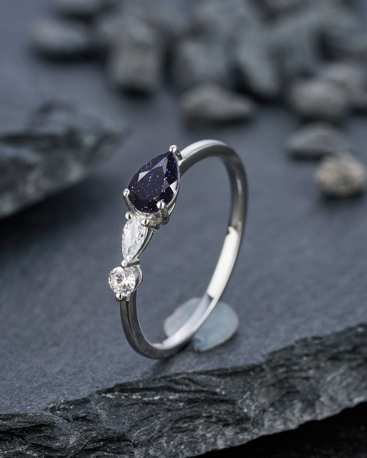 Vintage Blue Sandstone Engagement Ring, Pear White Gold Star Sandstone Moissanite Wedding Band,Three Stone Women Bridal Promise Ring for her - ShainJewelry