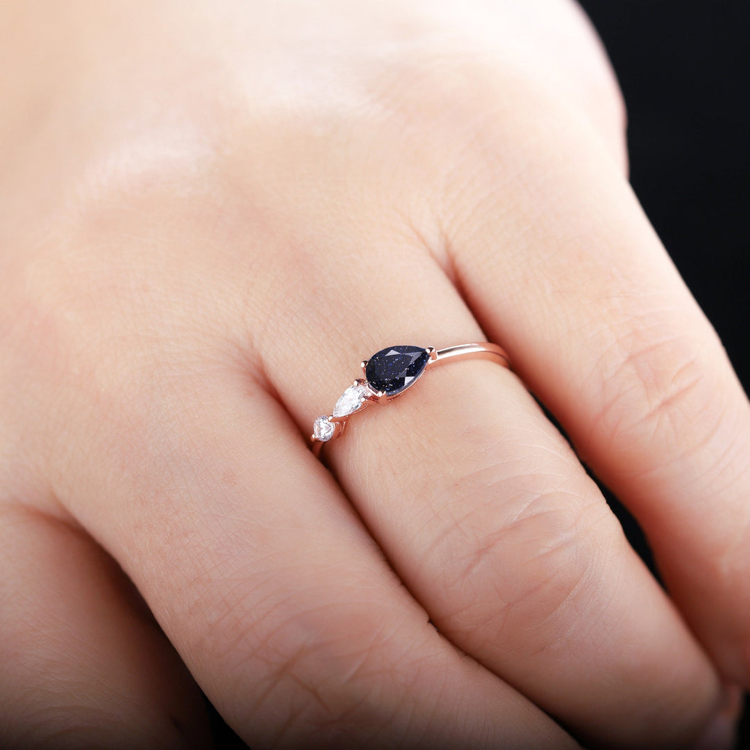 Vintage Blue Sandstone Engagement Ring, Pear White Gold Star Sandstone Moissanite Wedding Band,Three Stone Women Bridal Promise Ring for her - ShainJewelry