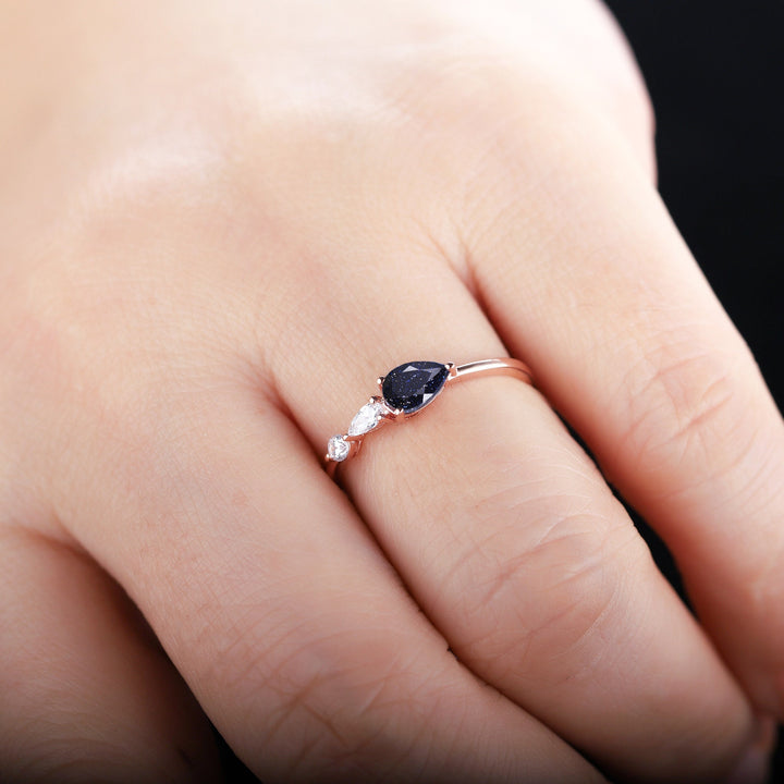 Vintage Blue Sandstone Engagement Ring, Pear White Gold Star Sandstone Moissanite Wedding Band,Three Stone Women Bridal Promise Ring for her - ShainJewelry