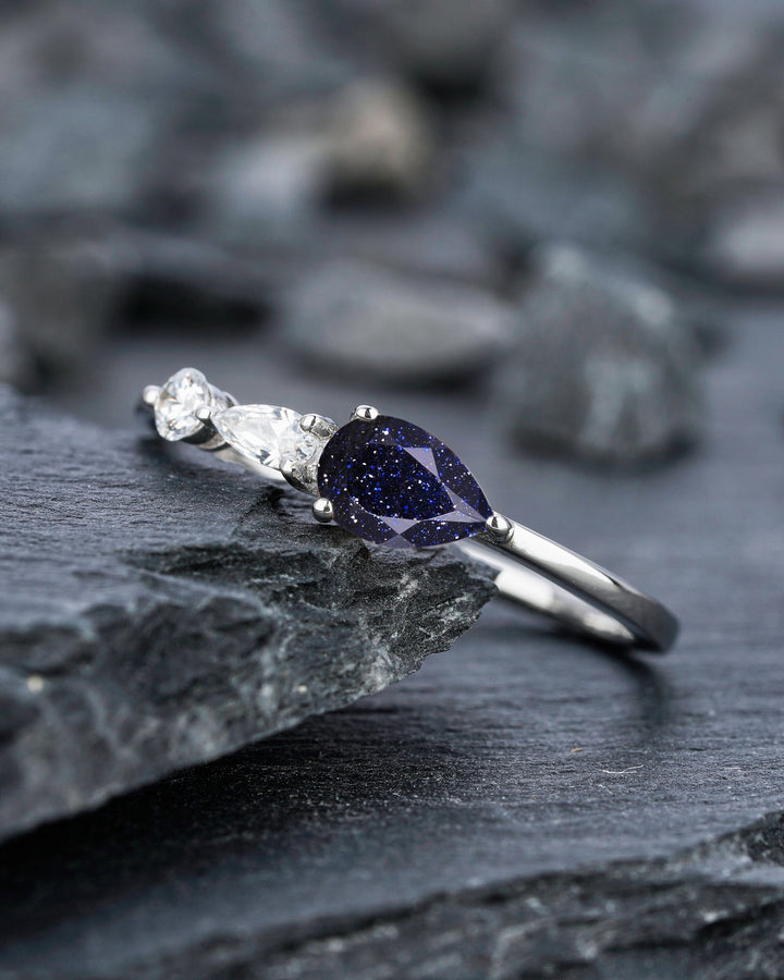 Vintage Blue Sandstone Engagement Ring, Pear White Gold Star Sandstone Moissanite Wedding Band,Three Stone Women Bridal Promise Ring for her - ShainJewelry