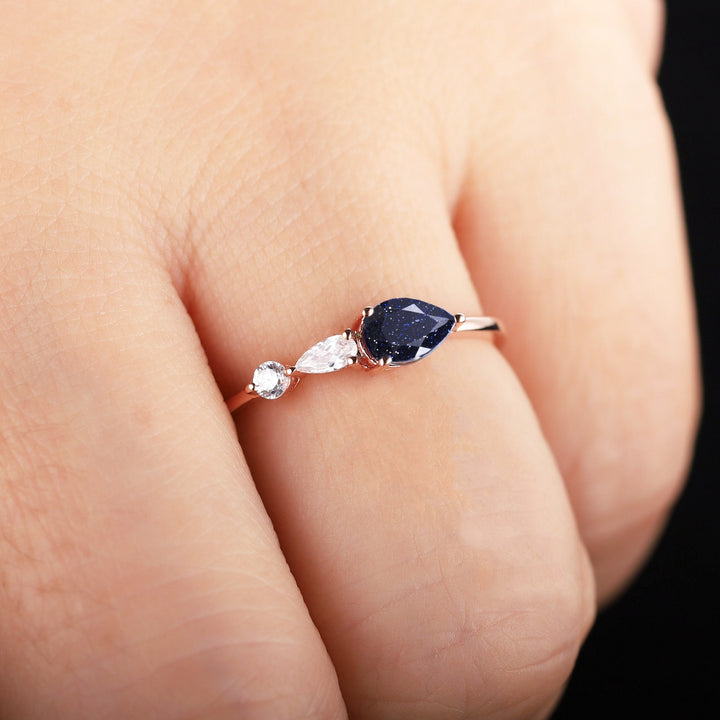 Vintage Blue Sandstone Engagement Ring, Pear White Gold Star Sandstone Moissanite Wedding Band,Three Stone Women Bridal Promise Ring for her - ShainJewelry