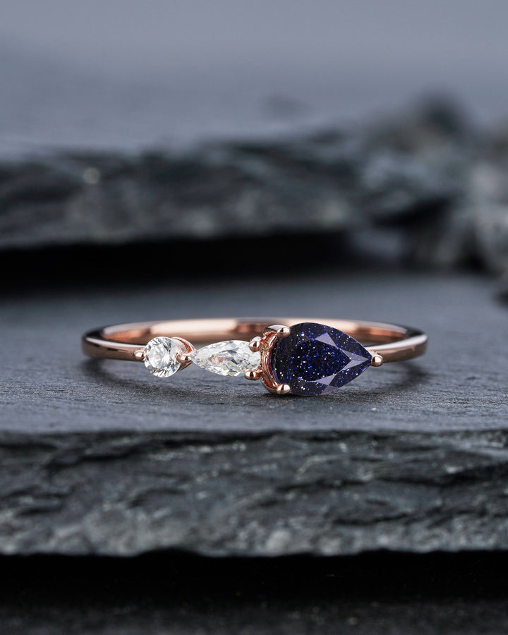 Vintage Blue Sandstone Engagement Ring, Pear White Gold Star Sandstone Moissanite Wedding Band,Three Stone Women Bridal Promise Ring for her - ShainJewelry