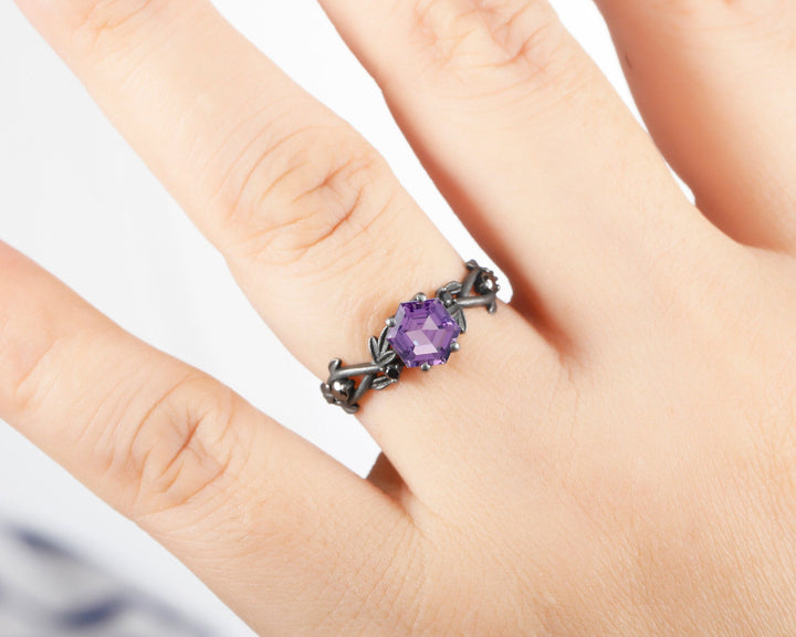 Black Gold Finish Hexagon Amethyst Engagement Ring, Rhodium Black Leaf Twig Branch 14K Black Gold Vermeil Dark Promise Anniversary Ring - ShainJewelry