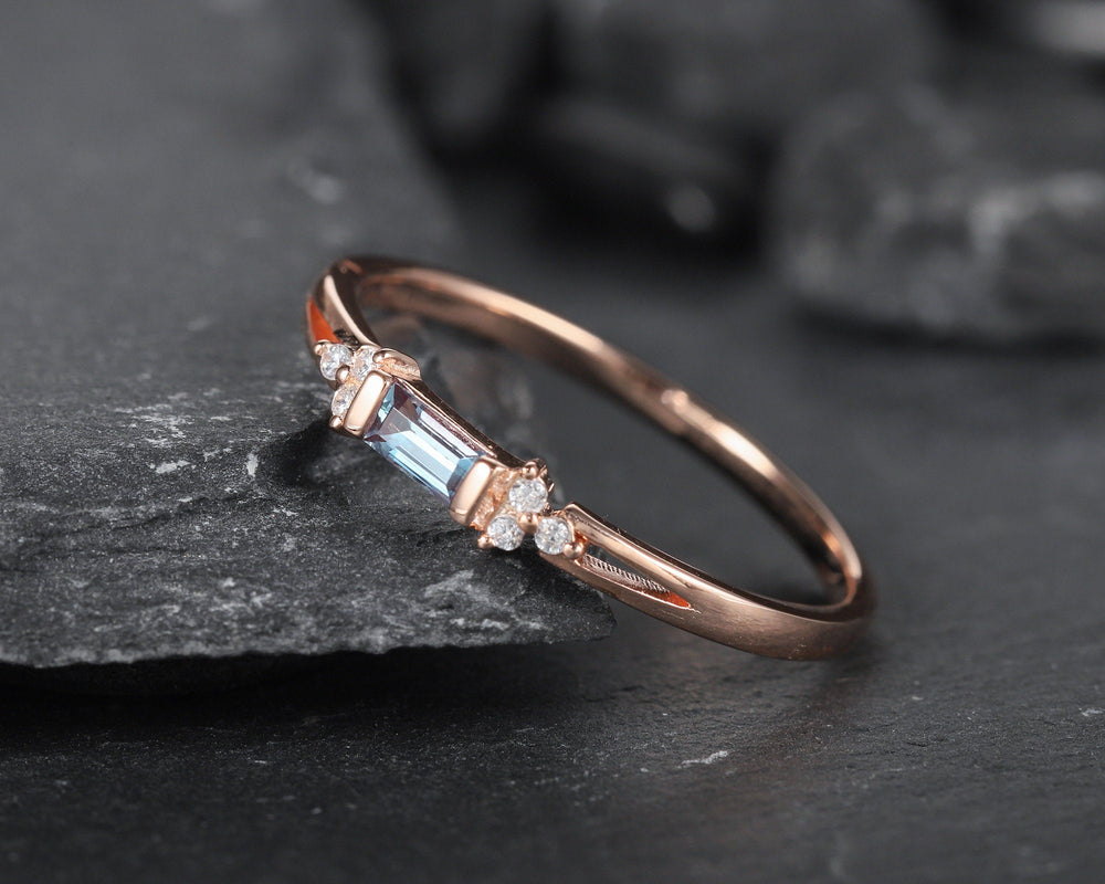 Alexandrite Wedding Band, Stackable Sterling Silver 925 Rose Gold Baguette Alexandrite Matching Band, Anniversary Promise Ring Gift for her - ShainJewelry