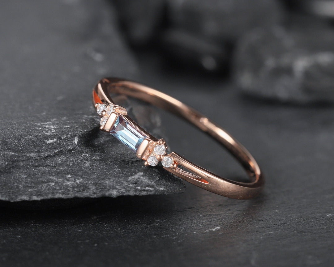 Alexandrite Wedding Band, Stackable Sterling Silver 925 Rose Gold Baguette Alexandrite Matching Band, Anniversary Promise Ring Gift for her - ShainJewelry