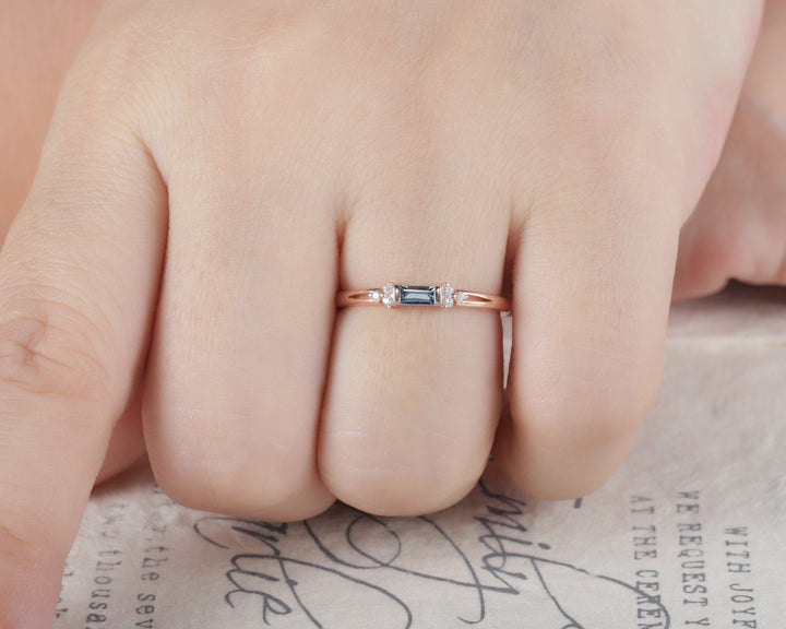 Alexandrite Wedding Band, Stackable Sterling Silver 925 Rose Gold Baguette Alexandrite Matching Band, Anniversary Promise Ring Gift for her - ShainJewelry