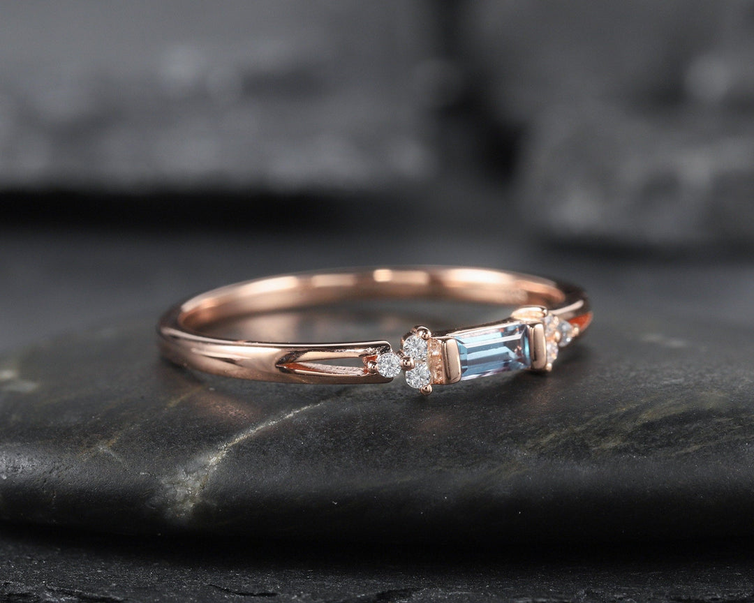 Alexandrite Wedding Band, Stackable Sterling Silver 925 Rose Gold Baguette Alexandrite Matching Band, Anniversary Promise Ring Gift for her - ShainJewelry