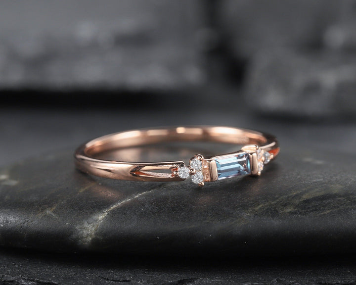 Alexandrite Wedding Band, Stackable Sterling Silver 925 Rose Gold Baguette Alexandrite Matching Band, Anniversary Promise Ring Gift for her - ShainJewelry