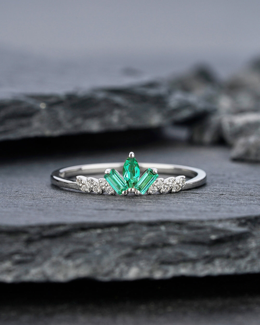 Unique Marquise Emerald Cluster Wedding Band 14K White Gold Baguette Cut Emerald Matching Band Promise Stackable Anniversary Ring Enhancer - ShainJewelry