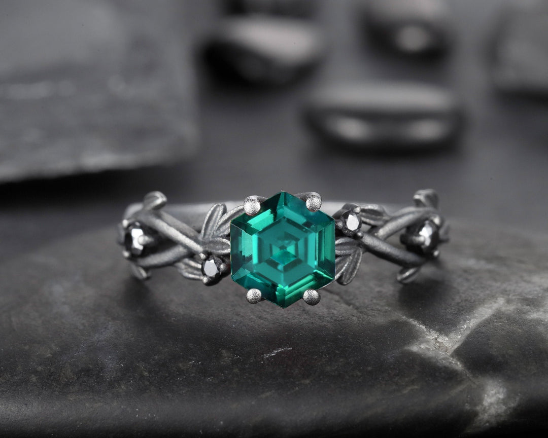 Black Gold Finish Hexagon Emerald Engagement Ring, Rhodium Black Vermeil Leaf Twig Branch Lab Emerald Promise Anniversary Ring Gift for Her - ShainJewelry