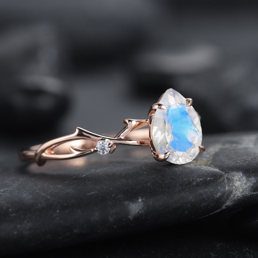 Vintage 1 CT Pear Cut Natural Moonstone Diamond Engagement Ring 14K Rose Gold Moissanite Branch Promise Wedding Twig Branch Ring For Women - ShainJewelry