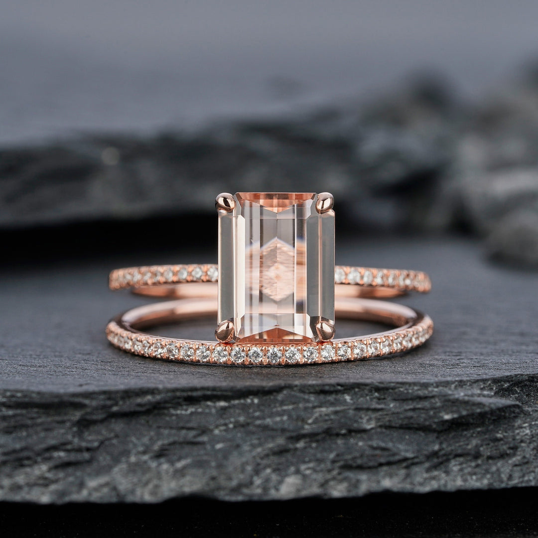 Vintage Pink Morganite and Diamond Engagement Ring Set, Emerald Cut Morganite Wedding Set, Art Deco Rose Gold Bridal Set Promise Ring Gift - ShainJewelry