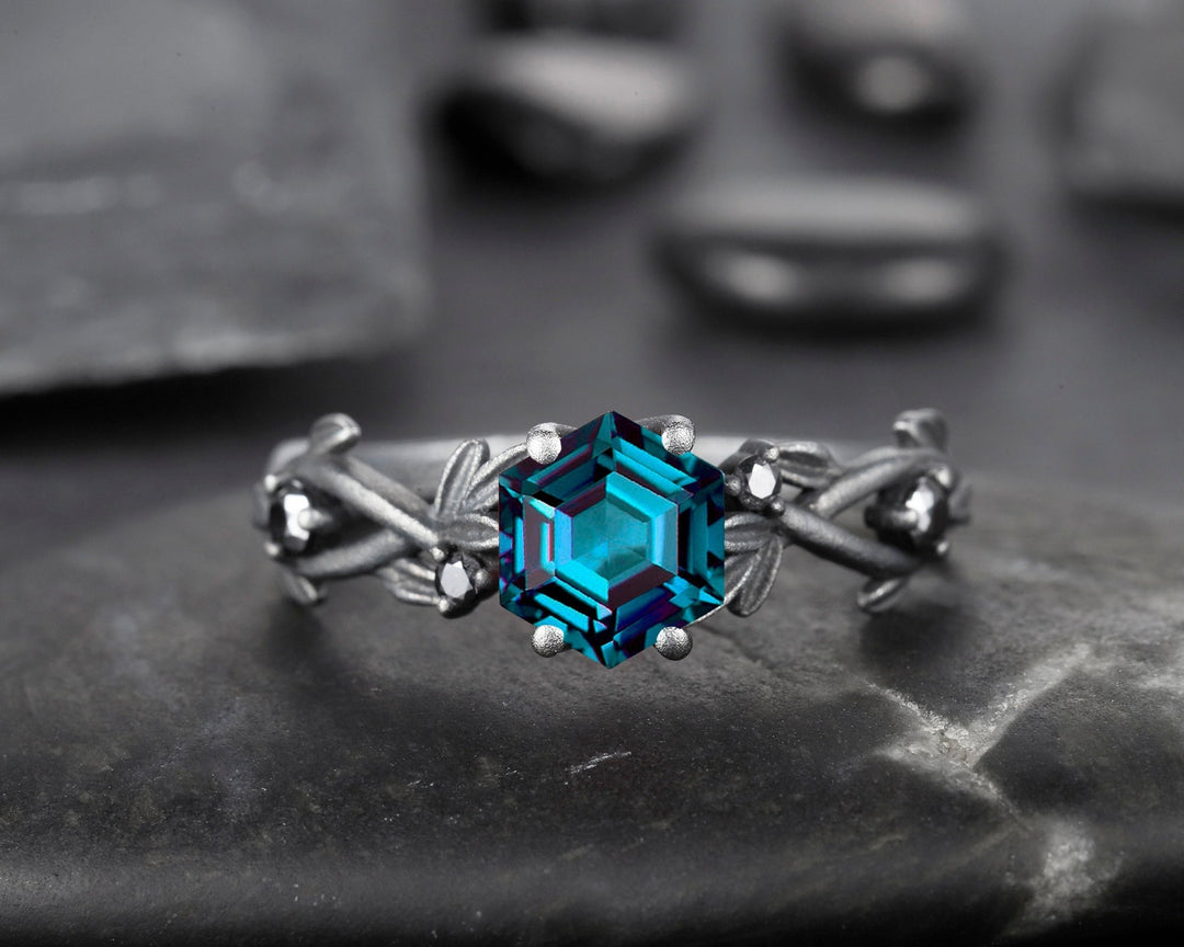 Black Gold Vermeil Hexagon Alexandrite Ring, Rhodium Black Finish Leaf Branch Alexandrite Goth Engagement Ring Promise Anniversary Ring - ShainJewelry