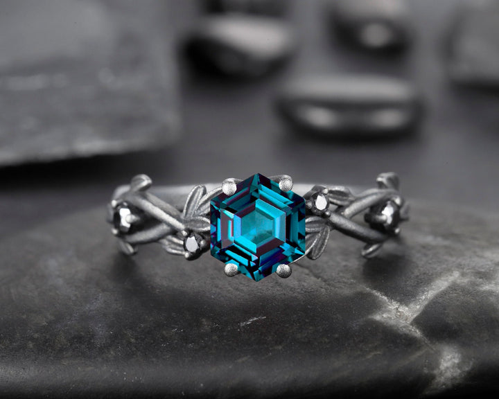 Black Gold Vermeil Hexagon Alexandrite Ring, Rhodium Black Finish Leaf Branch Alexandrite Goth Engagement Ring Promise Anniversary Ring - ShainJewelry