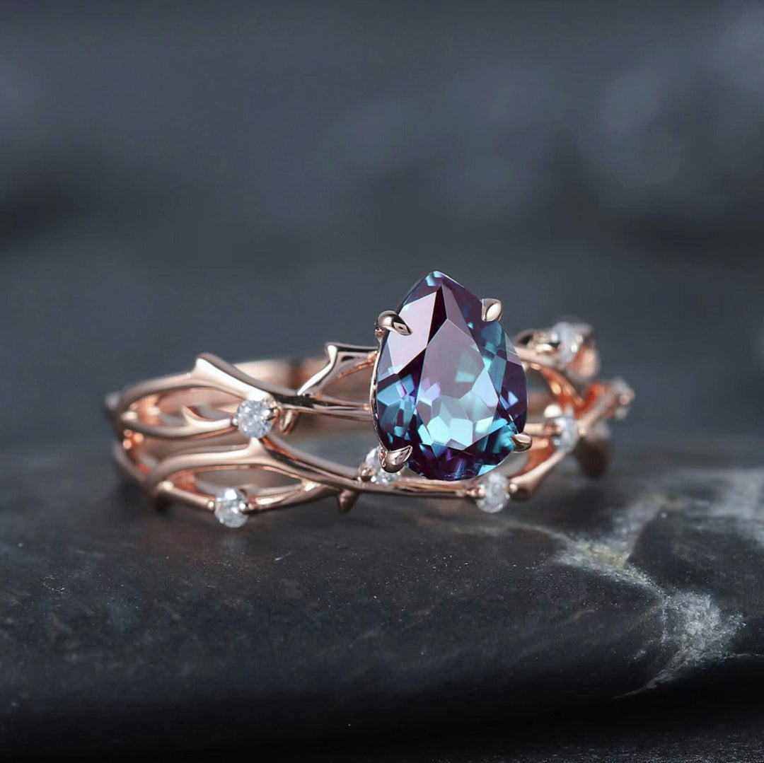 Vintage Pear Cut Alexandrite Diamond Engagement Ring Set 14K Rose Gold Moissanite Branch Twisted Promise Wedding Rings Bridal Set For Women - ShainJewelry