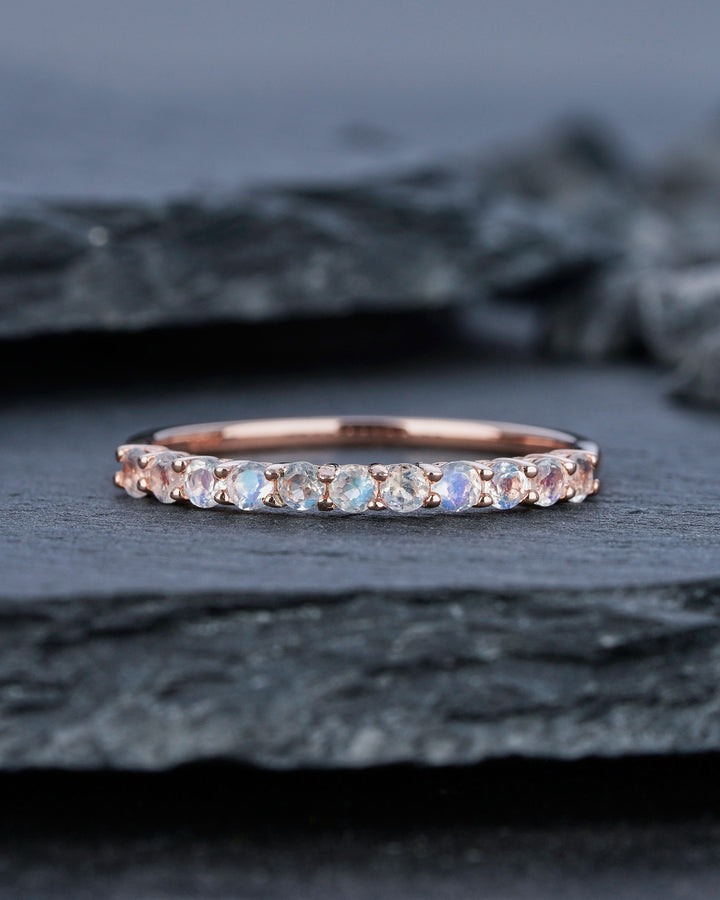 Moonstone Wedding Band, Half Eternity Moonstone Matching Band, Vintage 14K Rose Gold Moonstone Nesting Band Anniversary Ring for Women - ShainJewelry