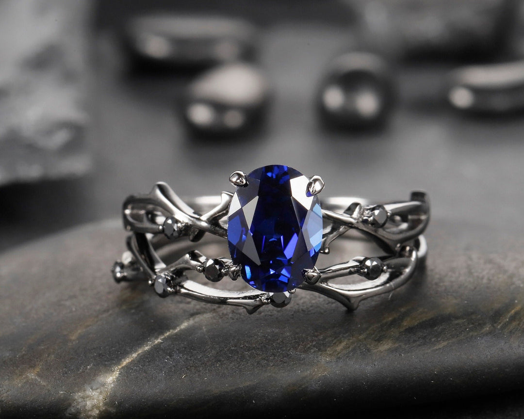Vintage Rhodium Black Vermeil Oval Blue Sapphire Engagement Ring Set, Black Gold Sapphire Promise Ring Set,Sapphire Black Diamond Bridal Set - ShainJewelry