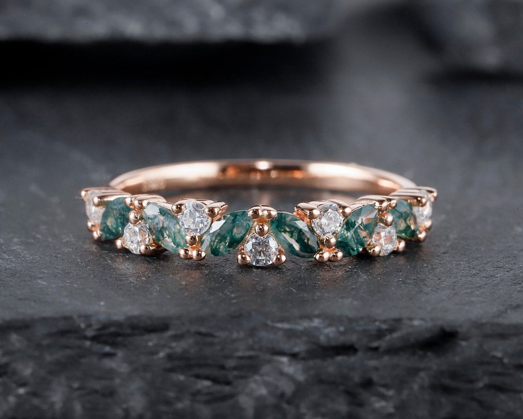 Vintage Marquise Cut Moss Agate Engagement Band, Half Eternity Wedding Band, Promise Ring Enhancer Unique Rose Gold Matching Band for Women - ShainJewelry
