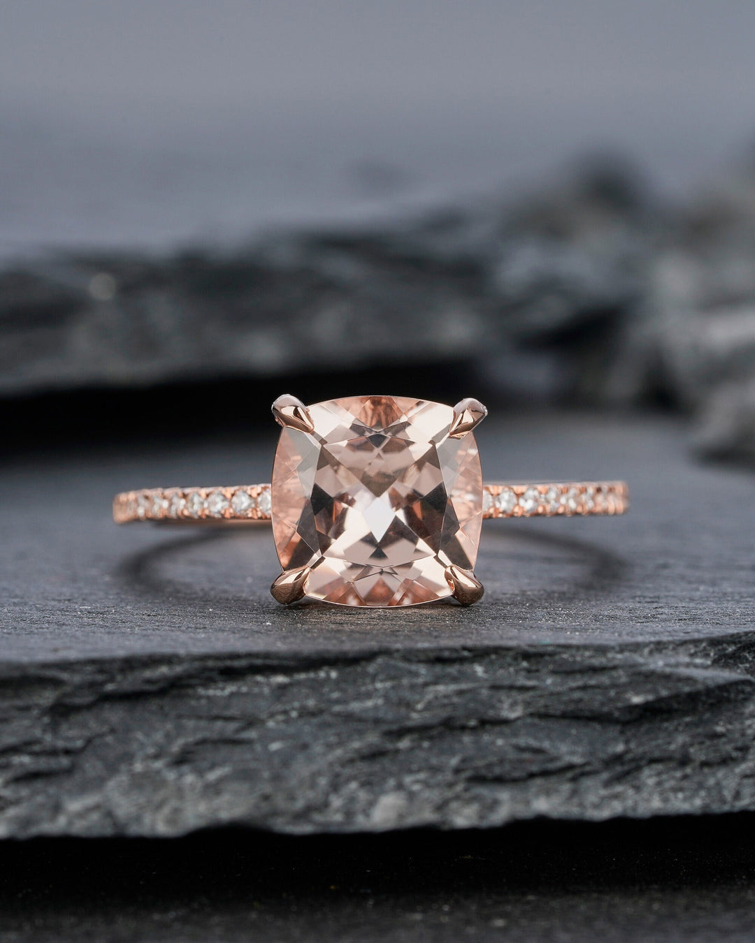 Vintage Pink Morganite and Diamond Engagement Ring, Cushion Morganite Wedding Ring, 14k Rose Gold Hidden Halo Morganite Promise Ring for her - ShainJewelry
