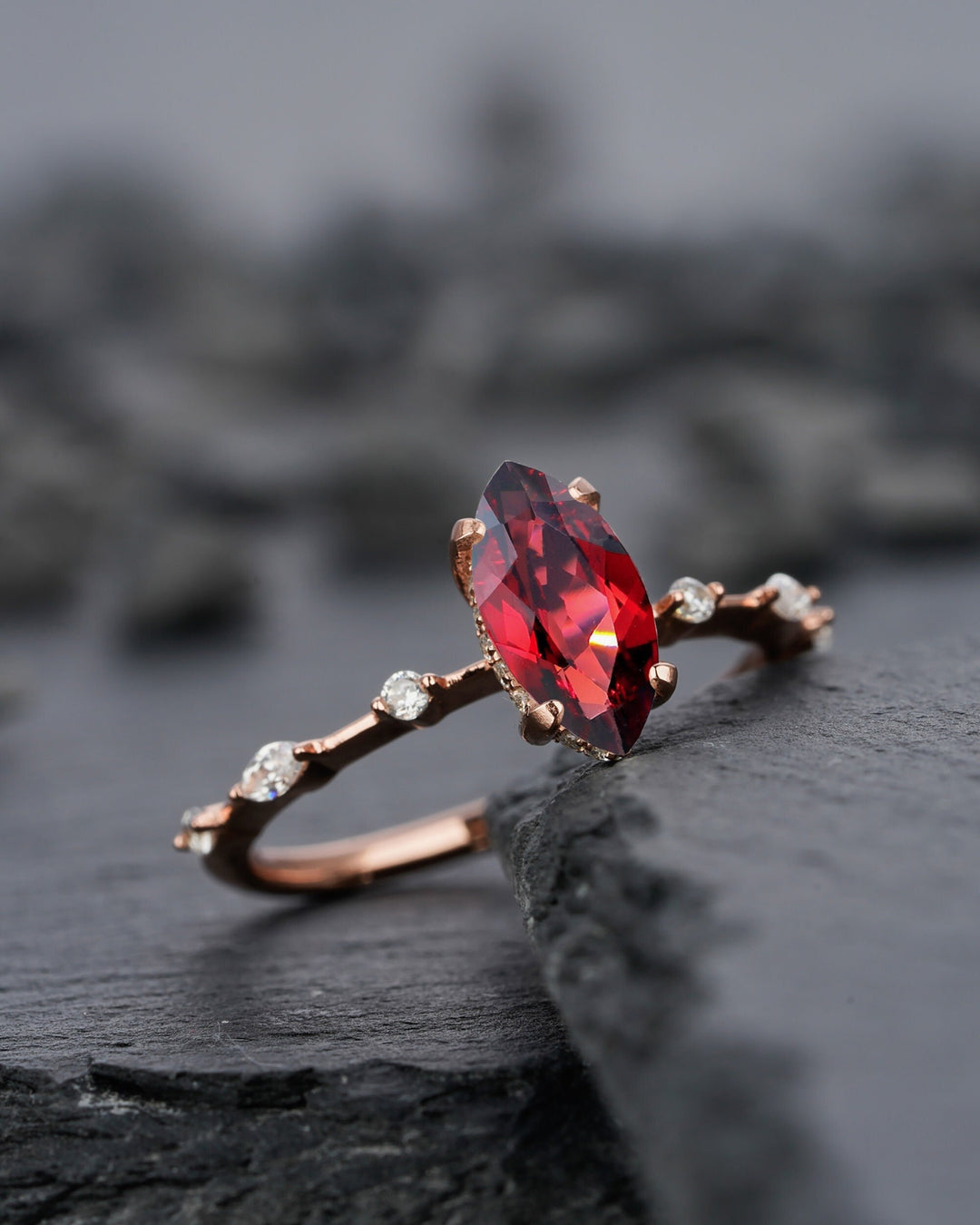 Vintage Marquise Cut Garnet Engagement Ring, Unique January Birthstone Wedding Promise Ring, 14K Rose Gold /Sterling Silver Ring for Women - ShainJewelry