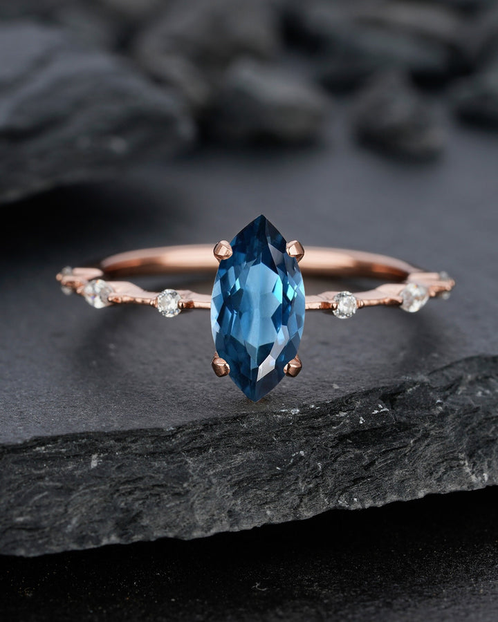 Vintage Marquise Cut London Blue Topaz Engagement Ring, Unique November Birthstone Wedding Ring, Topaz Promise Ring, Anniversary Ring Gift - ShainJewelry