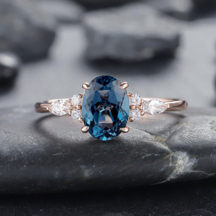 Vintage Oval Shape London Blue Topaz Engagement Ring, Unique Marquise Moissanite Wedding Ring, 14K Rose Gold Topaz Anniversary Promise Ring - ShainJewelry