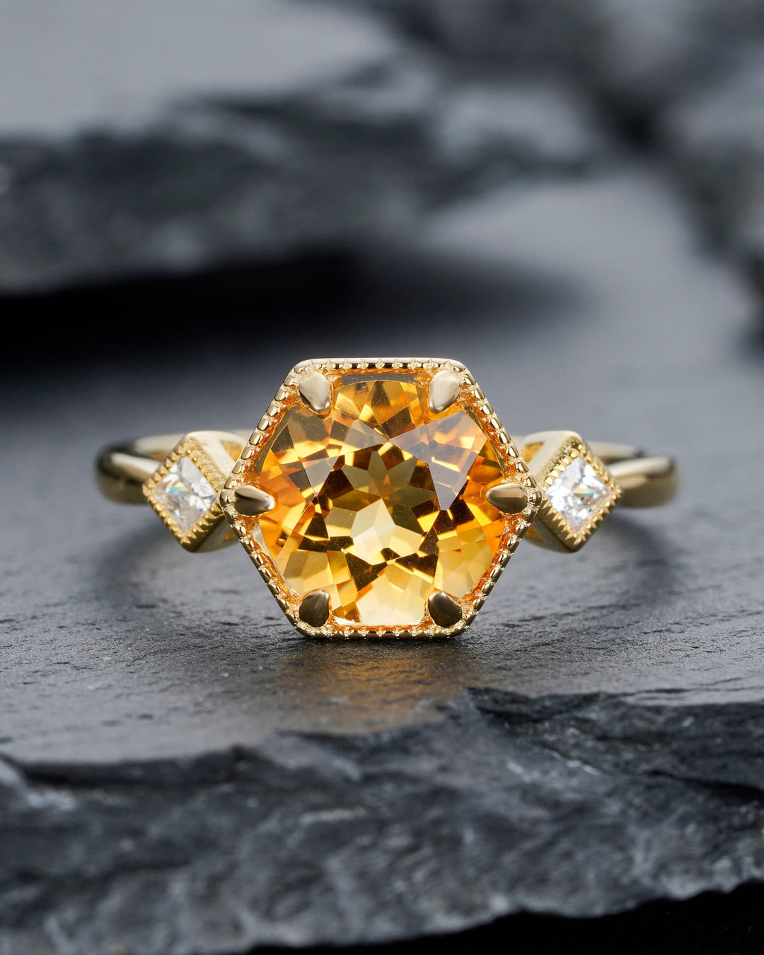 Vintage 2 Carat Natural Citrine and Moissanite Engagement Ring Unique 14K Yellow Gold Round Cut Citrine Promise Wedding Ring Gift for Women - ShainJewelry