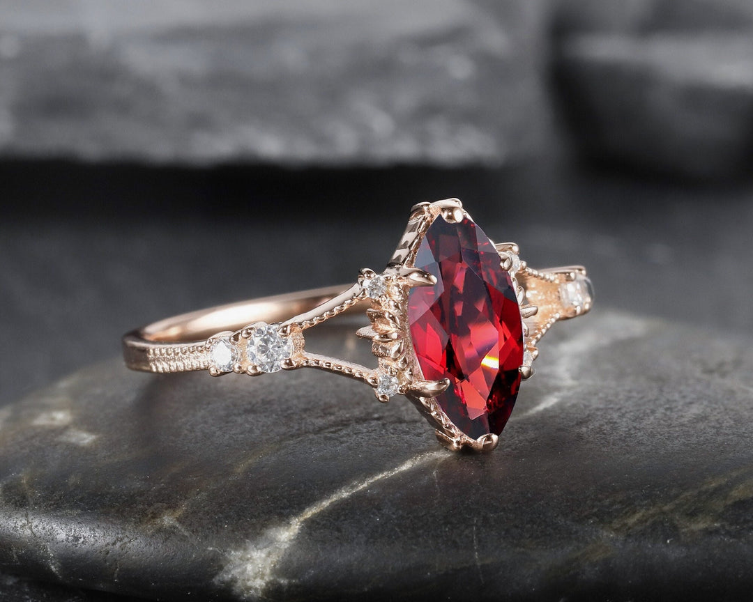 Vintage Milgrain Marquise Cut Garnet Engagement Ring, Unique January Birthstone Promise Ring, 14K Rose Gold/Silver Garnet Wedding Ring Gift - ShainJewelry