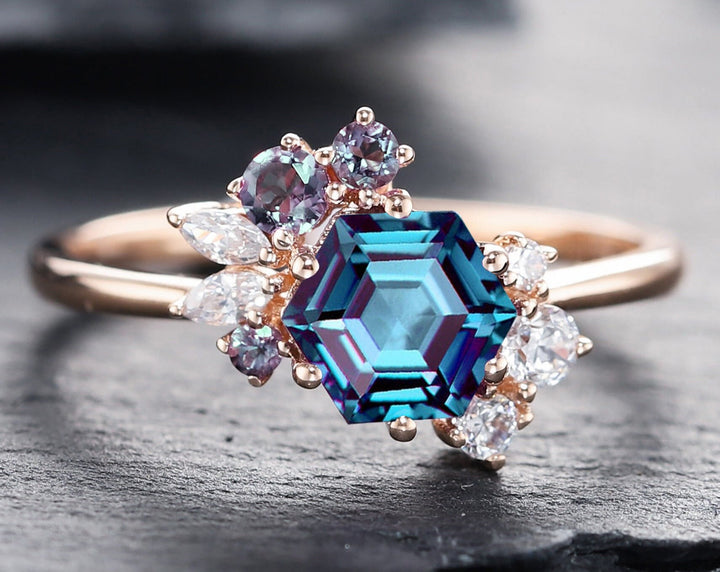 Vintage Hexagon Alexandrite Engagement Ring, Cluster Alexandrite Promise Ring, 14K Solid Gold/ Silver Wedding Ring Anniversary Ring Gift - ShainJewelry