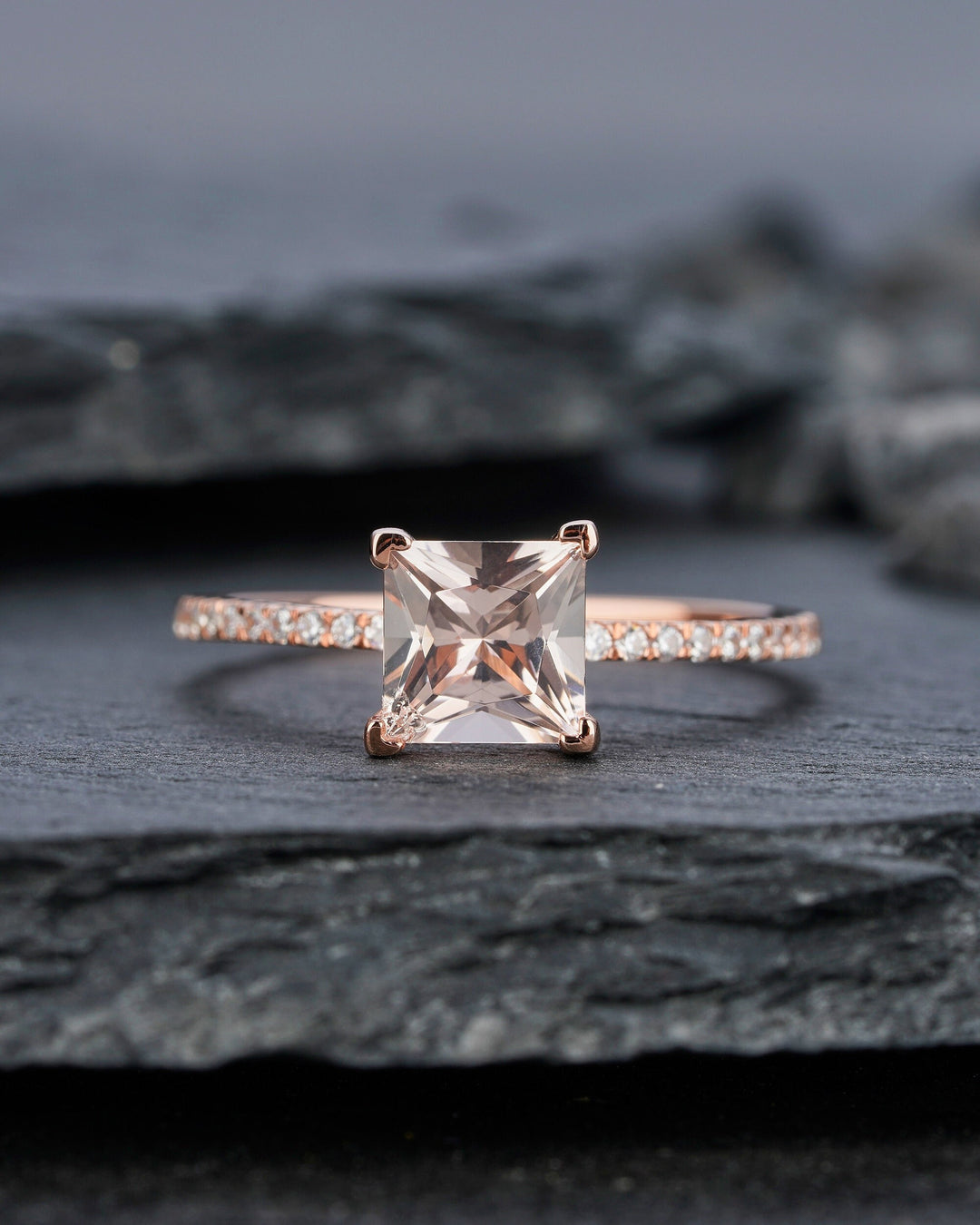 Natural Peach Morganite Engagement Ring, Princess Cut Pink Morganite Wedding Ring, Silver or Rose Gold 1 Carat Anniversary Promise Ring, - ShainJewelry