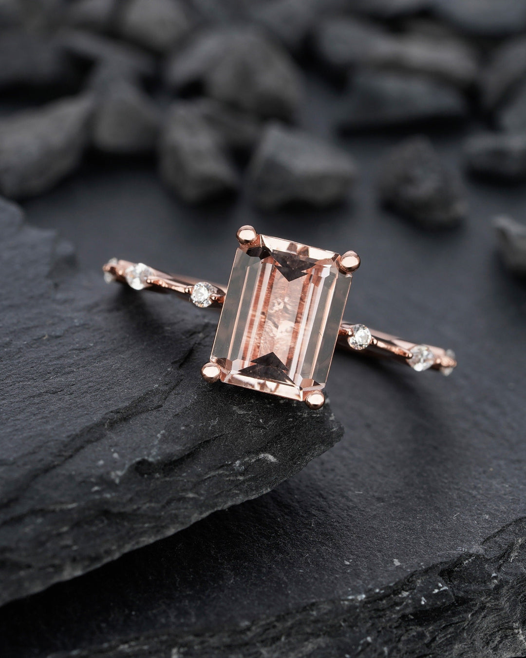 Vintage 3 Carat Pink Morganite Engagement Ring, Unique Emerald Cut Wedding Ring, Peach Morganite Promise Ring,14k Rose Gold Anniversary Ring - ShainJewelry