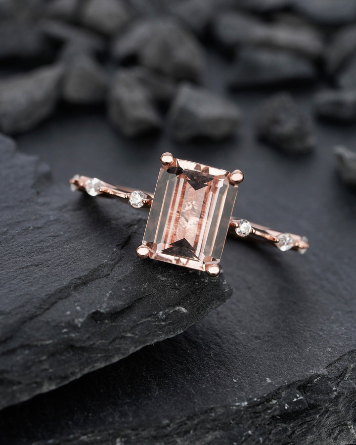 Vintage 3 Carat Pink Morganite Engagement Ring, Unique Emerald Cut Wedding Ring, Peach Morganite Promise Ring,14k Rose Gold Anniversary Ring - ShainJewelry
