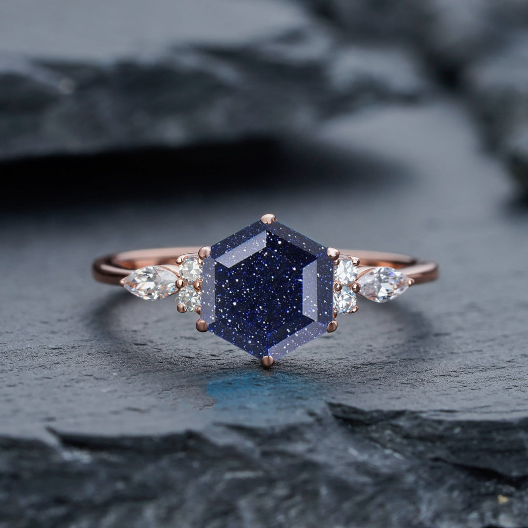 Vintage Hexagon Cut Blue Sandstone and Moissanite Engagement Ring, 14K Rose Gold Galaxy Sandstone Promise Anniversary Wedding Ring for Women - ShainJewelry