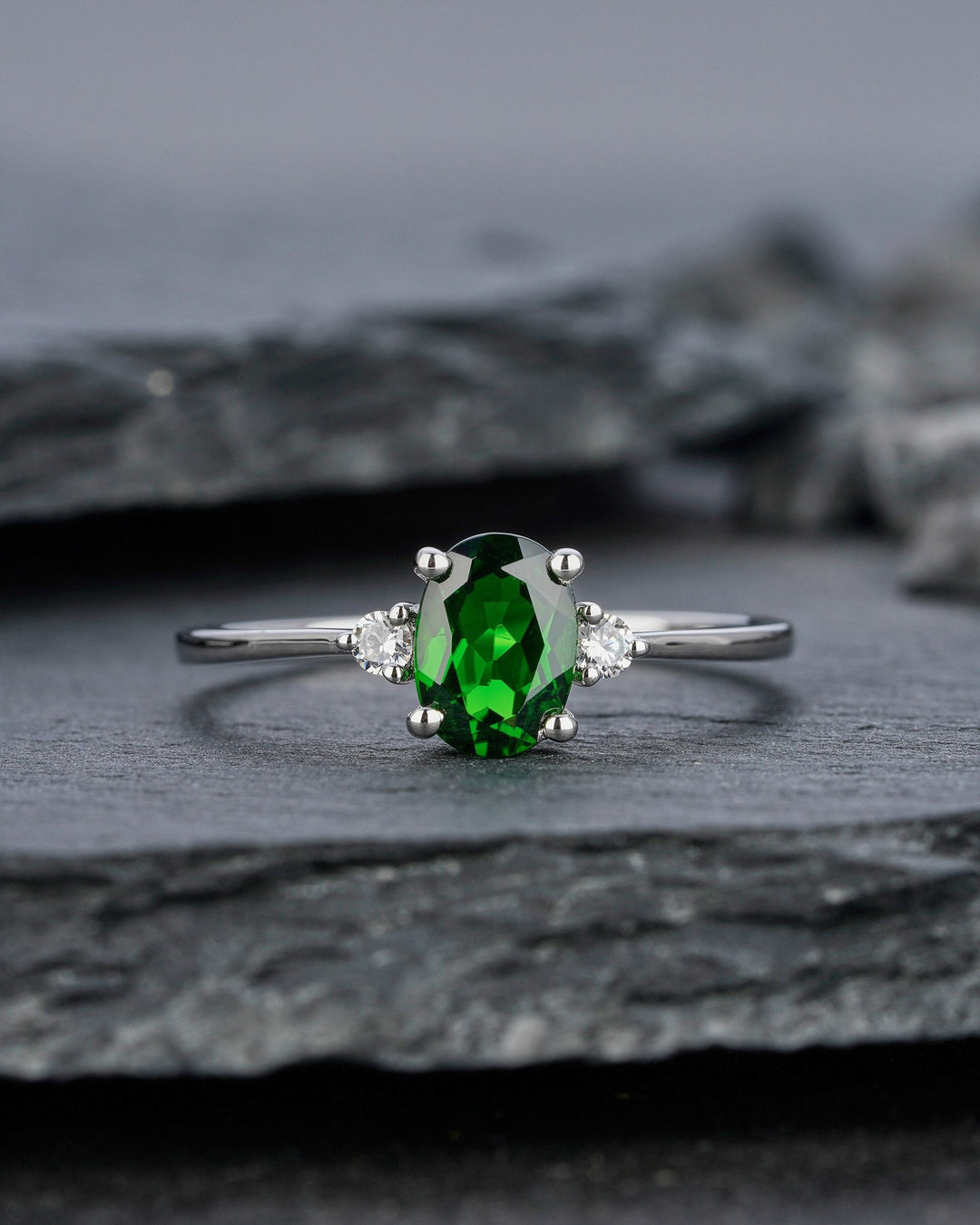 Natural Emerald Engagement Ring, Vintage Emerald Wedding Ring, Three Stone Ring, Oval Cut White Gold Promise Ring Sliver Anniversary Ring - ShainJewelry