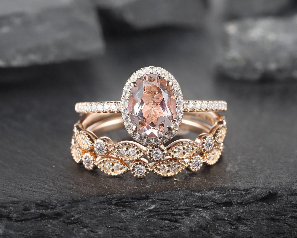 3PCS Oval Pink Morganite Engagement Halo Ring Set, Vintage 14K Rose Gold Morganite Bridal Set, Unique Alternative Wedding Set Promise Ring - ShainJewelry