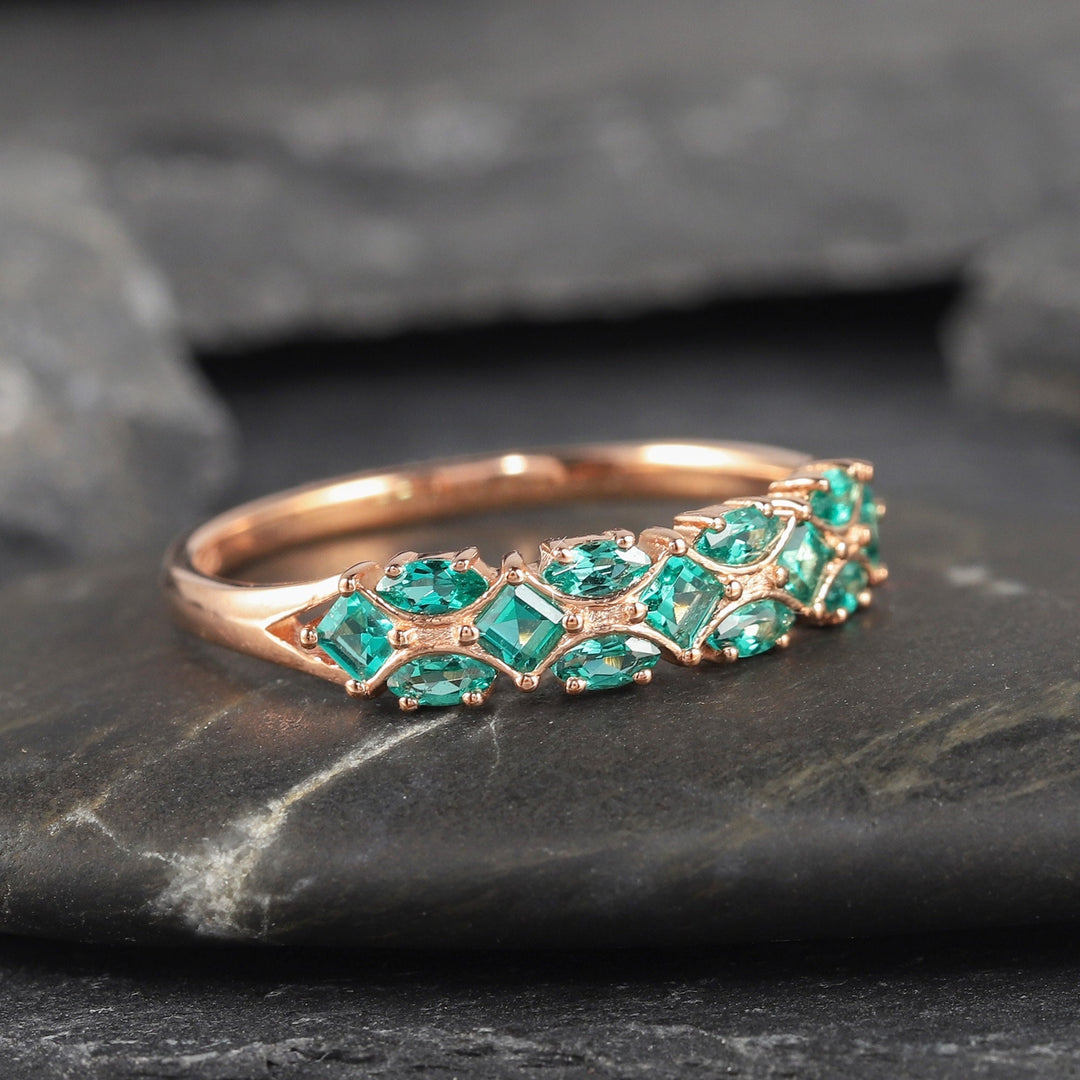Marquise Cut Emerald Wedding Band, Unique Rose Gold Princess Cut Emerald Matching Band Engagement Ring Enhancer, Art Deco Promise Ring - ShainJewelry
