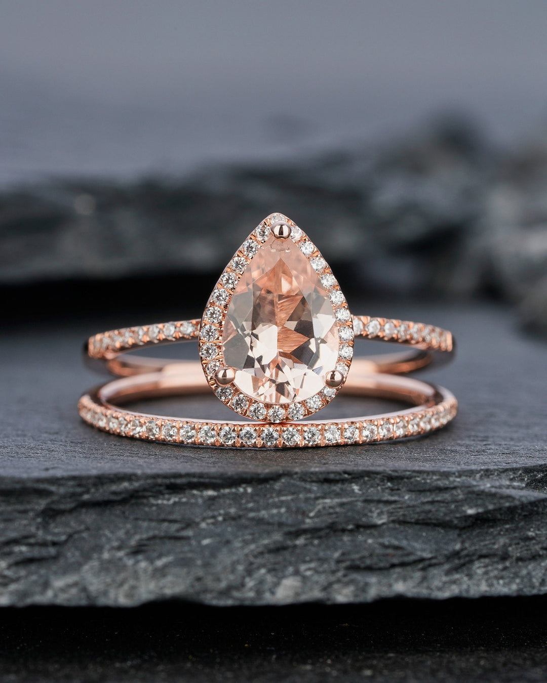 Vintage Pear Shaped Peach Morganite Engagement Ring Set Teardrop Pink Morganite Wedding Set 14K Rose Gold Bridal Set Halo Stack Promise Ring - ShainJewelry