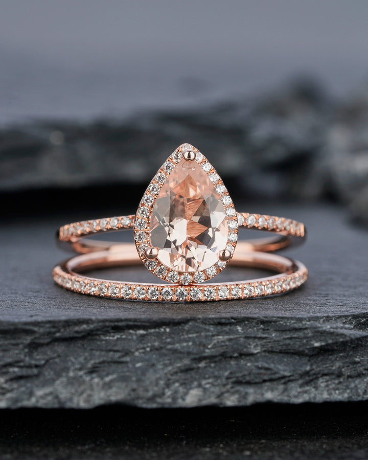 Vintage Pear Shaped Peach Morganite Engagement Ring Set Teardrop Pink Morganite Wedding Set 14K Rose Gold Bridal Set Halo Stack Promise Ring - ShainJewelry
