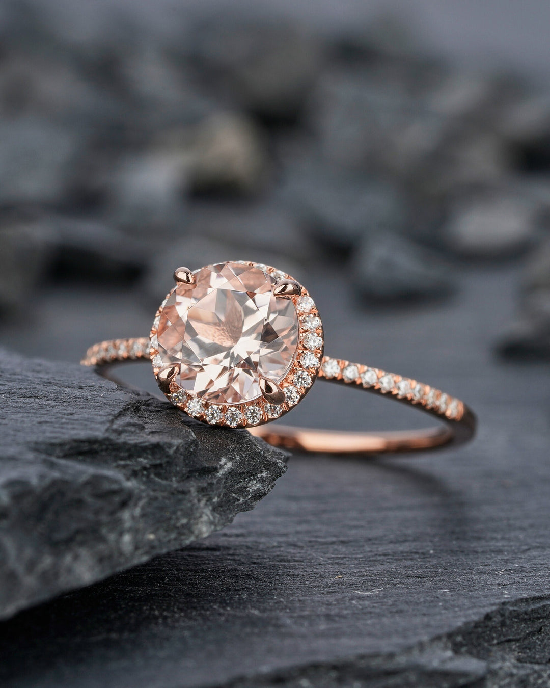 Vintage Peach Morganite Engagement Ring, Round Cut Pink Morganite Wedding Ring 14k Rose Gold Natural Morganite Promise Ring Anniversary Gift - ShainJewelry