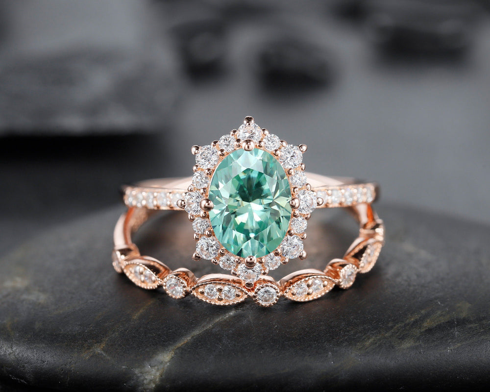 Vintage Mint Green Moissanite and Halo Diamond Ring Set, Oval Moissanite Rose Gold Floral Engagement Ring Set, Green Moissanite Bridal Set - ShainJewelry