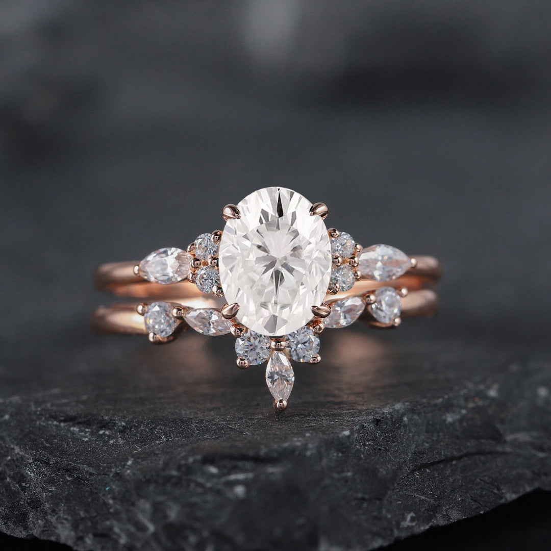 Vintage Moissanite Engagement Ring Set, Unique 14K Rose Gold Oval Cut Moissanite Wedding Ring Bridal Set, Anniversary Promise Ring Gift - ShainJewelry