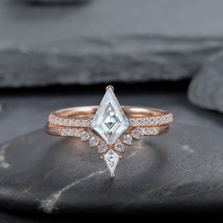 Vintage Kite Cut Moissanite Bridal Set, Unique V Shape Half Eternity Moissanite Wedding Set, 14K Rose Gold Promise Engagement Ring Set - ShainJewelry