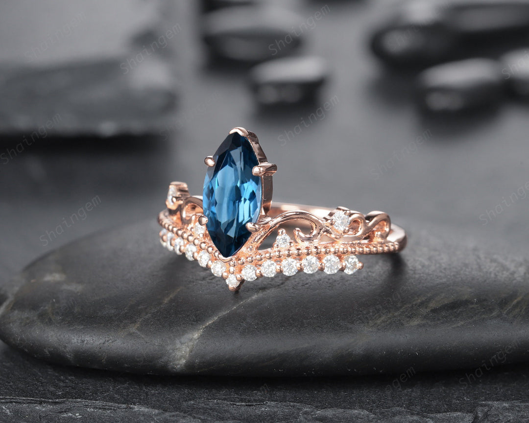 Vintage Marquise London Blue Topaz and Diamond Ring Unique Topaz Crown Wedding Promise Engagement Ring 14K Rose Gold /Silver Moissanite Ring - ShainJewelry
