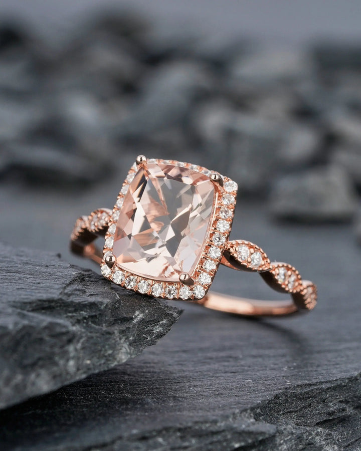 Vintage 2 Carat Peach Morganite Halo Engagement Ring, Cushion Cut Pink Morganite Wedding Ring 14k 18k Rose Gold 2 Carat Promise Ring for her - ShainJewelry