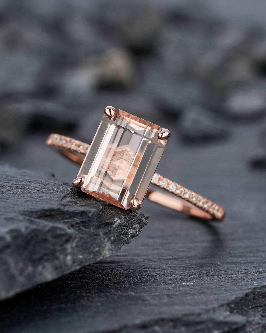 Vintage Peach Morganite Engagement Ring, 2 Ct Emerald Cut Pink Morganite Wedding Ring, 14K Rose Gold Anniversary Promise Ring Gift for Women - ShainJewelry