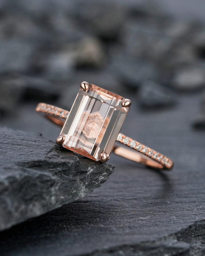 Vintage Peach Morganite Engagement Ring, 2 Ct Emerald Cut Pink Morganite Wedding Ring, 14K Rose Gold Anniversary Promise Ring Gift for Women - ShainJewelry