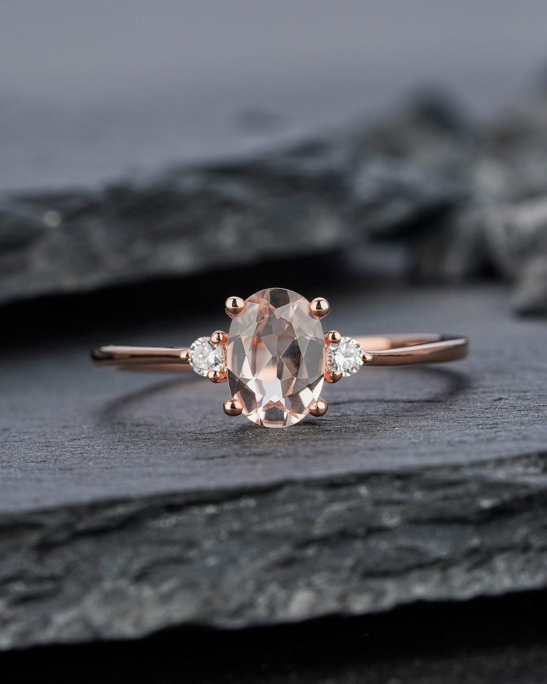 Rose Gold Morganite Engagement Ring, Pink Morganite Wedding Ring, Oval Cut Peach Morganite Promise Ring, Sterling Sliver Morganite Ring Gift - ShainJewelry
