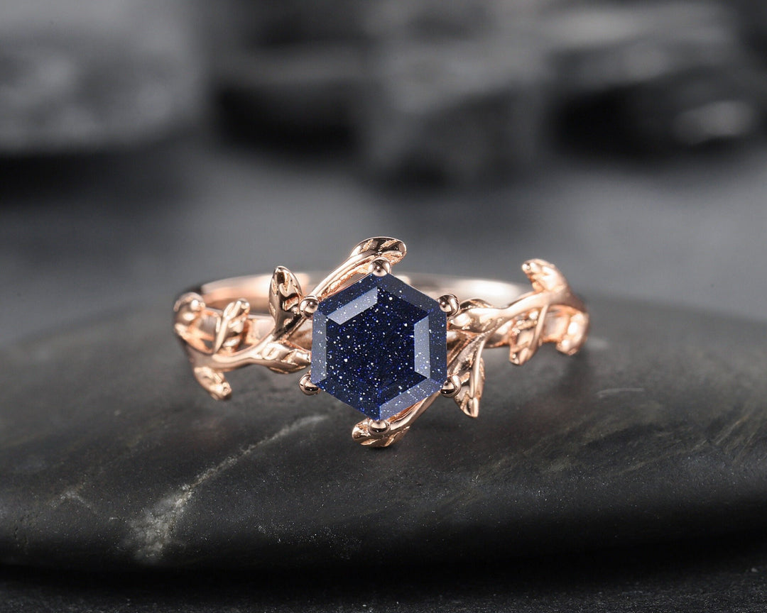 Vintage Hexagon Blue Sandstone Ring, Leaf Star Blue Sandstone Engagement Ring Twig Nature Inspired Promise Ring Rose Gold Wedding Ring - ShainJewelry