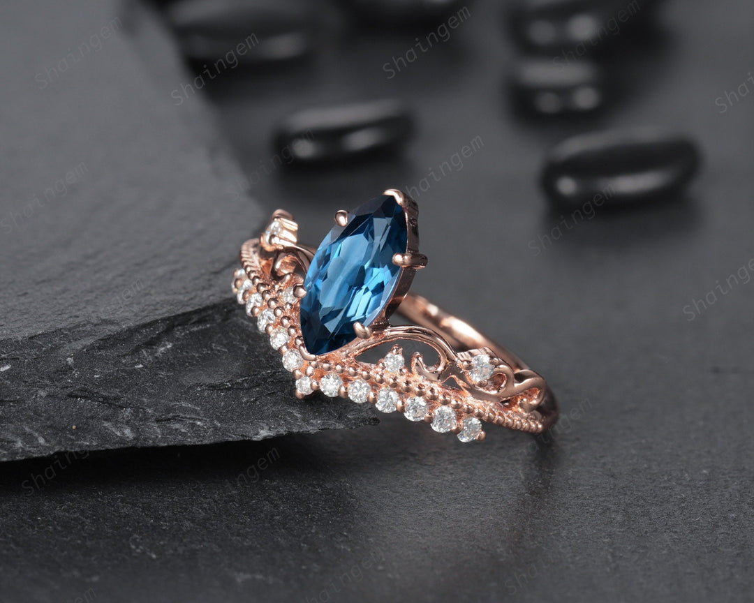 Vintage Marquise London Blue Topaz and Diamond Ring Unique Topaz Crown Wedding Promise Engagement Ring 14K Rose Gold /Silver Moissanite Ring - ShainJewelry